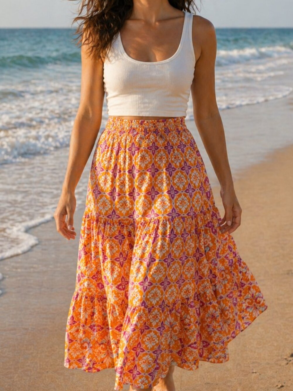 Vibrant Orange Bohemian Print Tiered Maxi Skirt Size S New